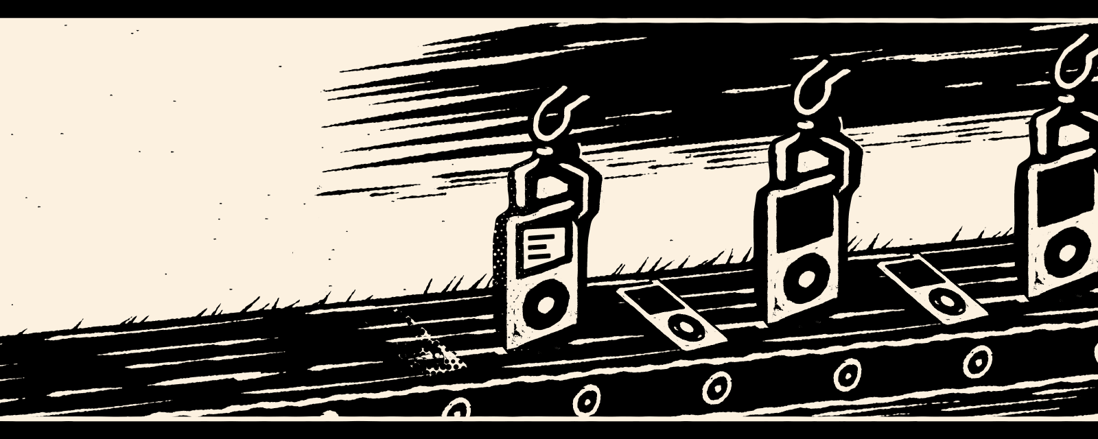 iPods moving through a woodcut assembly line